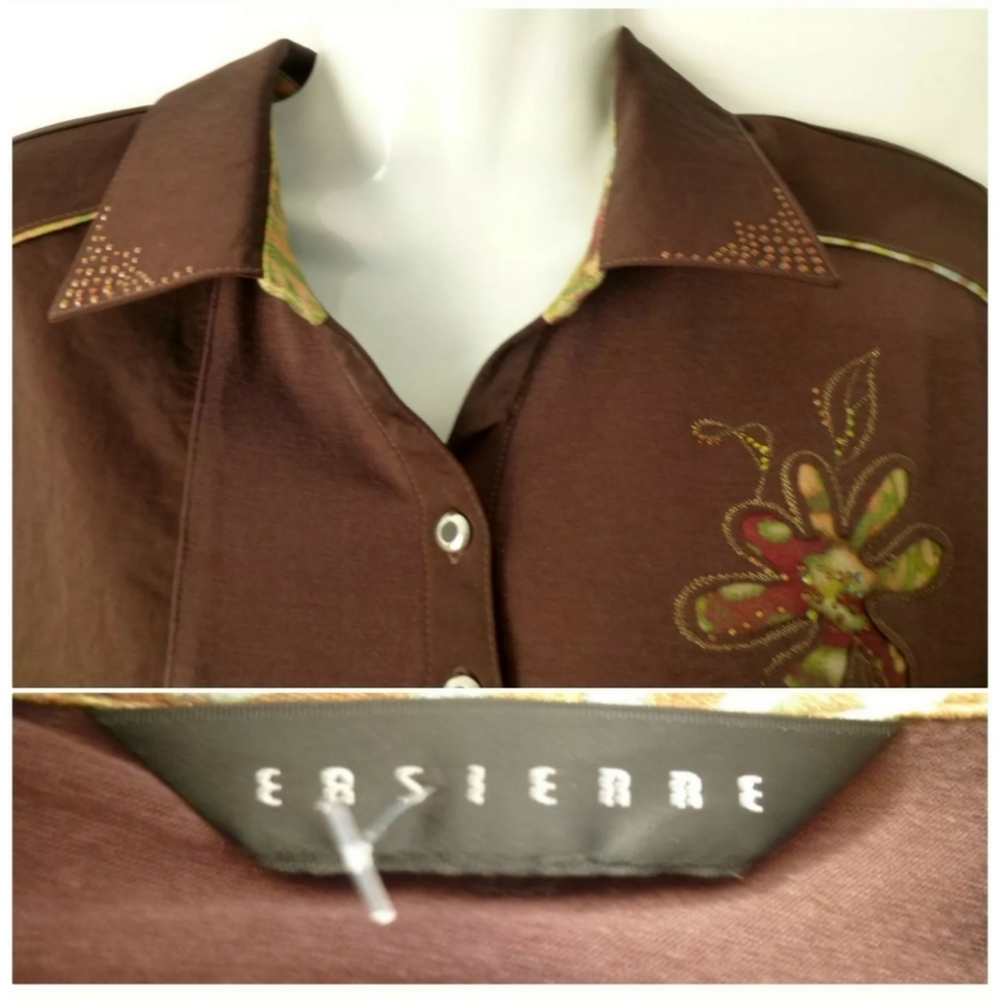 Women Top Size L Brown Long Sleeve Henley Stretch - Picture 7 of 8